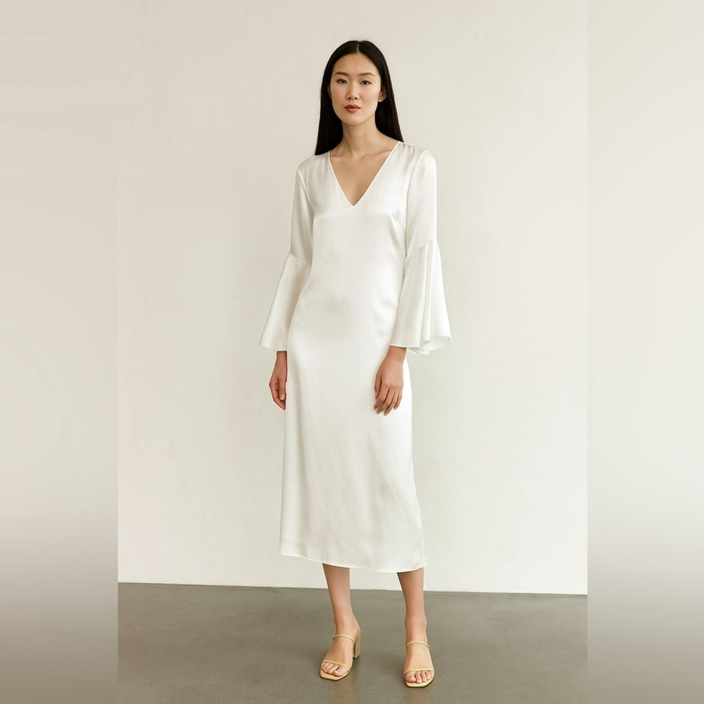 sabo skirt satin midi White V-Neck Dress xs bell sleeves